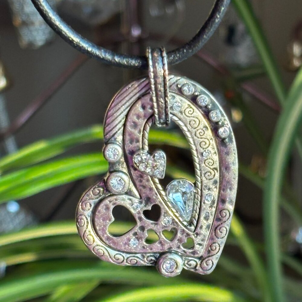 Contemporary Heart Pendant with Rhinestones on Leather Cord